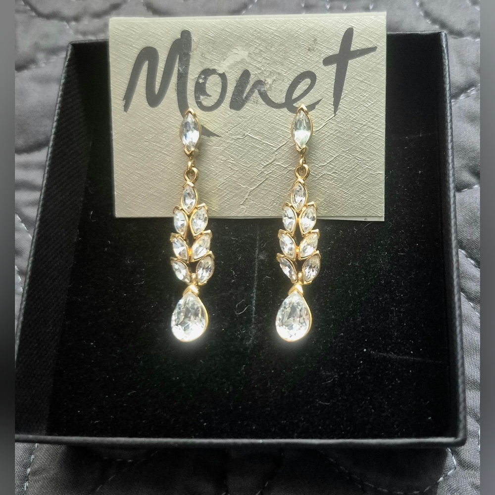 Vintage Monet Gold and Silver Crystal Earrings NWOT